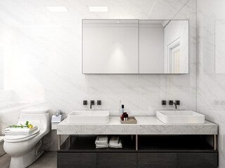 Clean and tidy bathroom, there are washing table, toilet, bathtub and other equipment