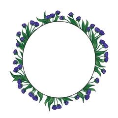 Watercolor hand painted nature round wreath with purple flowers and green leaves on a white background for invitation and greeting cards. Place for an inscription.