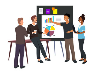 Business meeting. Flat people on presentation conference. Businessman at project strategy infographic. Team seminar vector concept