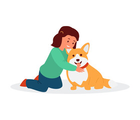 Vector Illustration Of Happy Little Girl Hugging Her Dog Corgi. Isolated On White.