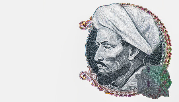 Abu Nasr al-Farabi, a Turkish philosopher and scientist and one of the greatest scientists and philosophers of his time, Portrait from Kazakhstan 2000 Tenge 1996 Banknotes.