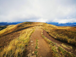 Autumn in the Bieszczady Mountains Poland. Mountain trails in the Bieszczady Mountains. Trekking in the Bieszczady Mountains. Yellow Poloniny in the Bieszczady Mountains.