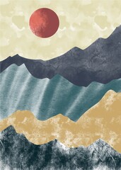 Creative minimalist hand painted. Abstract mountain landscape, Natural landscape background. Minimalist design for wall decoration, postcard or brochure design.vector illu - 382326419