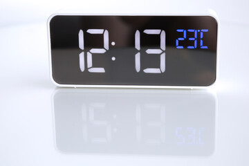 Digital clock showing date and temperature on a white background