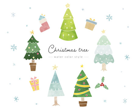 クリスマスツリーとプレゼントの手描きイラストのセット／かわいい／雪の結晶／冬／12月