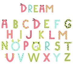 Scandinavian style alphabet set isolated on white background. Colorful hand drawn font vector illustration.