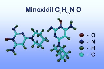 Structural chemical formula and molecular model of minoxidil, an antihypertensive vasodilator medication. It is used to treat hair loss. 3d illustration