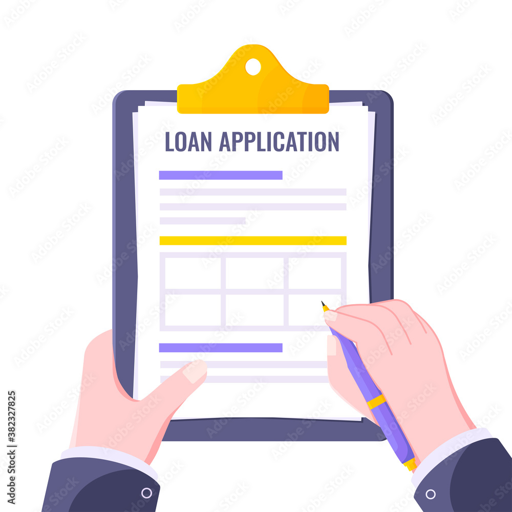 Poster submit loan application document form flat style design icon sign vector illustration isolated on wh