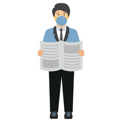 Businessman reading newspaper Concept Vector Icon illustration, New normal Business character on white background, Executive wearing coronavirus prevention surgical face mask Design 