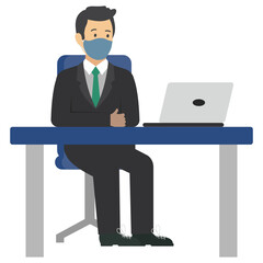 Businessman wearing coronavirus prevention face mask sitting at the desk and working on laptop stock illustration, New normal Business people on white background 