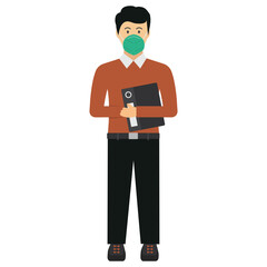 Job Seeker holding Resume Concept Vector Icon illustration, New normal Business character on white background, Executive wearing coronavirus protection surgical face mask Sign