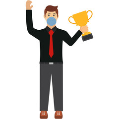 Fototapeta premium Young businessman wearing coronavirus prevention face mask and holding trophy Gesturing as Winner Vector Illustration Design, New normal life Business People on white background, Boss is Standing 