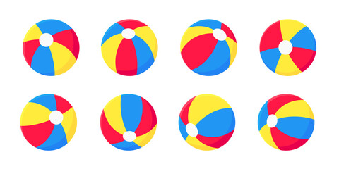 Bouncing inflatable beach ball flat style design vector illustration collection set isolated on white background. Retro styled inflatable toy for summer games or holidays.