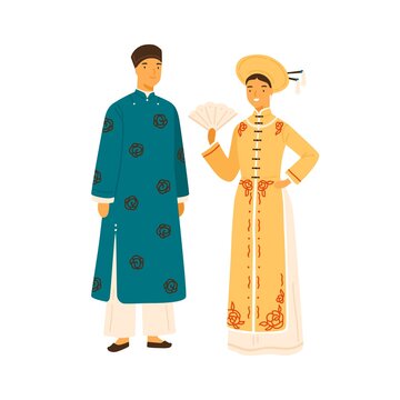 Smiling vietnam couple in national costume vector flat illustration. Asian people in traditional apparel decorated with design elements isolated. Man and woman in headdress, ao dai and trousers