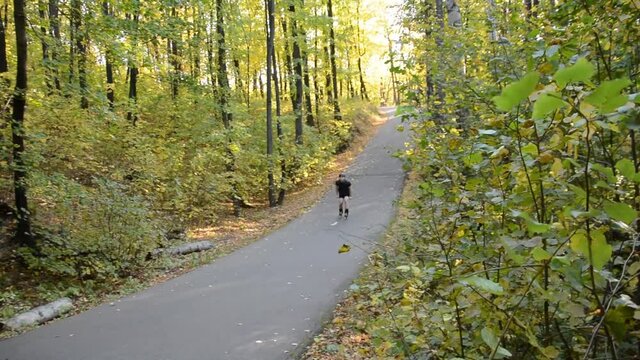 A man is rollerblading on an asphalt track in the autumn forest.