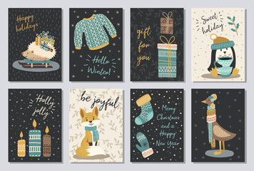 Set of modern hand drawn christmas gretting cards animals and other isolated elements. Vector illustration. © Nessa