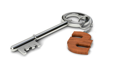 Metal key with wooden Hryvnia shaped keychain isolated on white background. Tick mark concept. 3d illustration.