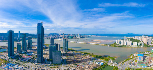 Fototapeta na wymiar Aerial view of Macau, China and Zhuhai Hengqin Free Trade Zone