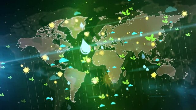 Environment and ecology symbols on world map loopable seamless 3d animation. Abstract loop concept background of earth, water, sun, air and nature.