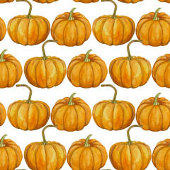 Bright seamless pattern with pumpkins. Autumn watercolor illustration for decor and textiles.
