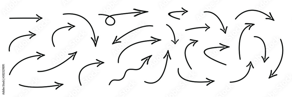 Wall mural hand drawn curved arrows . sketch doodle style. collection of vector pointers.