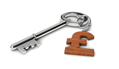 Metal key with wooden Pound shaped keychain isolated on white background. 3d illustration.