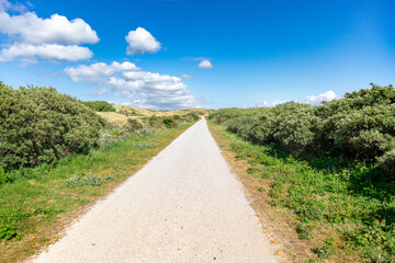 Bike trail through the dunes against blue sky, going into the horizon