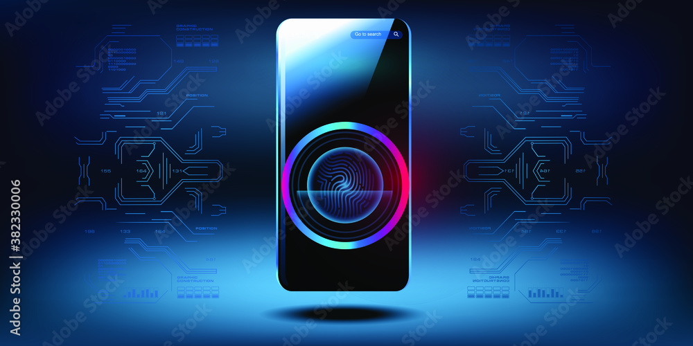 Poster smartphone is scanning the fingerprint. login via touch id. concept of security and protection of pe