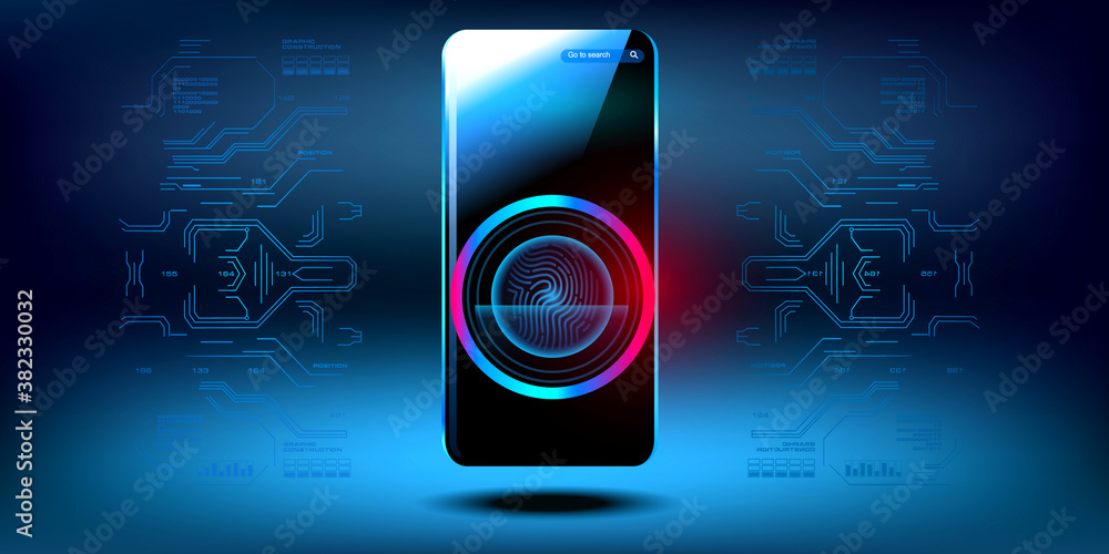 Poster smartphone is scanning the fingerprint. login via touch id. concept of security and protection of pe