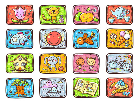 Colorful cards with different objects and animals for some game or task for kids