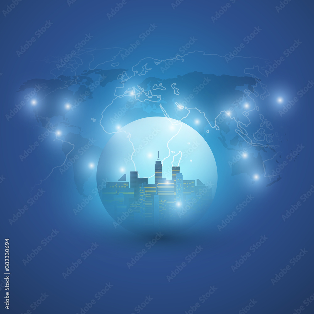 Poster futuristic smart city, iot and cloud computing design concept with polygonal mesh, cluster and nodes