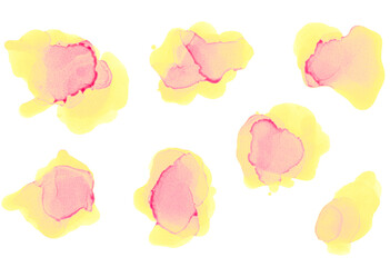 Watercolor Pink and Yellow Splashes Set. Alcohol Ink Texture. Abstract Colorful Watercolor Background. Hand Painted