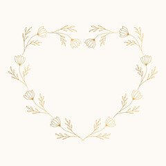 Hand drawn heart wreath with flowers. Golden botanical frame. - 382330804