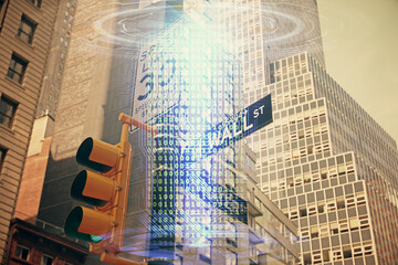 Naklejka na ściany i meble Data theme hologram drawing on city view with skyscrapers background multi exposure. Bigdata concept.
