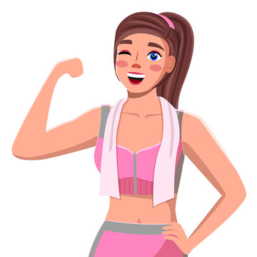 Beauty girl in sportswear runner jogging, fitness trainer on white. Sports female character instructor. Young woman sport coach with towel around her neck in good mood after training. Active lifestyle