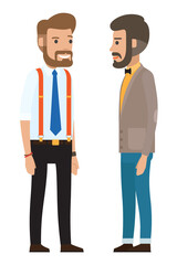Modern businessmen. Man dressed in formal clothes set. Cartoon handsome bearded businessman in shirt with tie, suspender pants, bow tie. Set of male characters in business wear two office workers