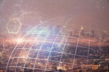 Map and data theme hologram on city view with skyscrapers background double exposure. International technology in business concept.