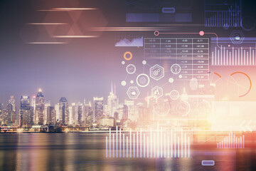 Data theme hologram drawing on city view with skyscrapers background multi exposure. Ai concept.