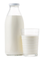 Glass bottle and cup of fresh milk isolated