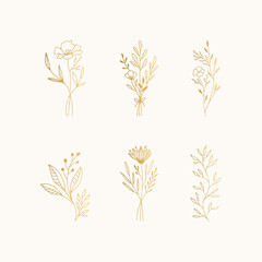 Set of hand drawn golden bouquets of flowers. Vector isolated illustration.