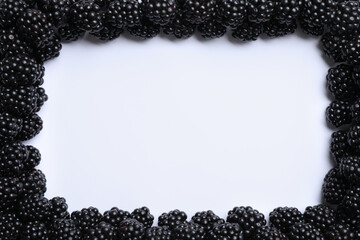 Frame of ripe blackberries on white background, flat lay. Space for text
