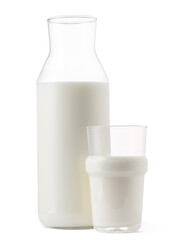 Glass bottle and cup of fresh milk isolated