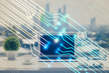 Multi exposure of table with computer on background and data theme drawing. Concept of innovation.