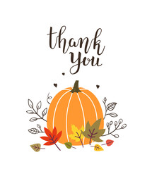 Thank you greeting card with pumpkin illustration and leaves. Thanksgiving greeting