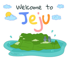 Welcome to Jeju island in South Korea, poster or banner, traditional landmarks, symbols, popular place for visiting tourists, Dolharubang statue at green tropical island with water, travel concept