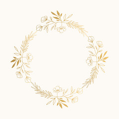 Botanical wreath with leaves and berries. Golden floral frame. Vector isolated illustration.