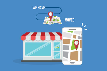 We have moved. Local SEO. Local search marketing ecommerce. Vector Illustration.