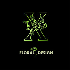 Elegant initial letter X with floral leaves. Natural Floral Logo Icon. Botanical design branding. Vintage alphabet concept with ornate for monogram, emblem, initial, label, brand, greeting cards.