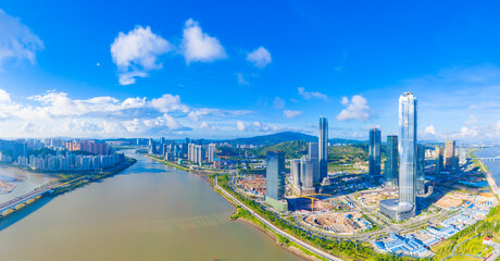Fototapeta na wymiar Aerial view of Macau, China and Zhuhai Hengqin Free Trade Zone