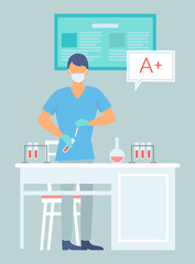 Scientist man wearing medical suit exploring elements, making tests with flasks and test tubes, liquids, laboratory experiment, research, laboratory assistant and researching, biochemistry tests